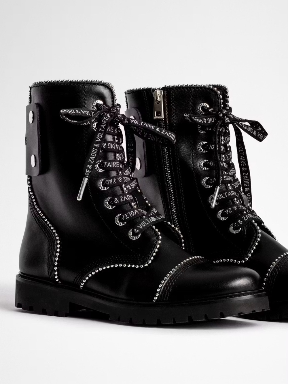 Zadig & Voltaire Black Leather Stud-Trim Combat Boots - Picture 1 of 2